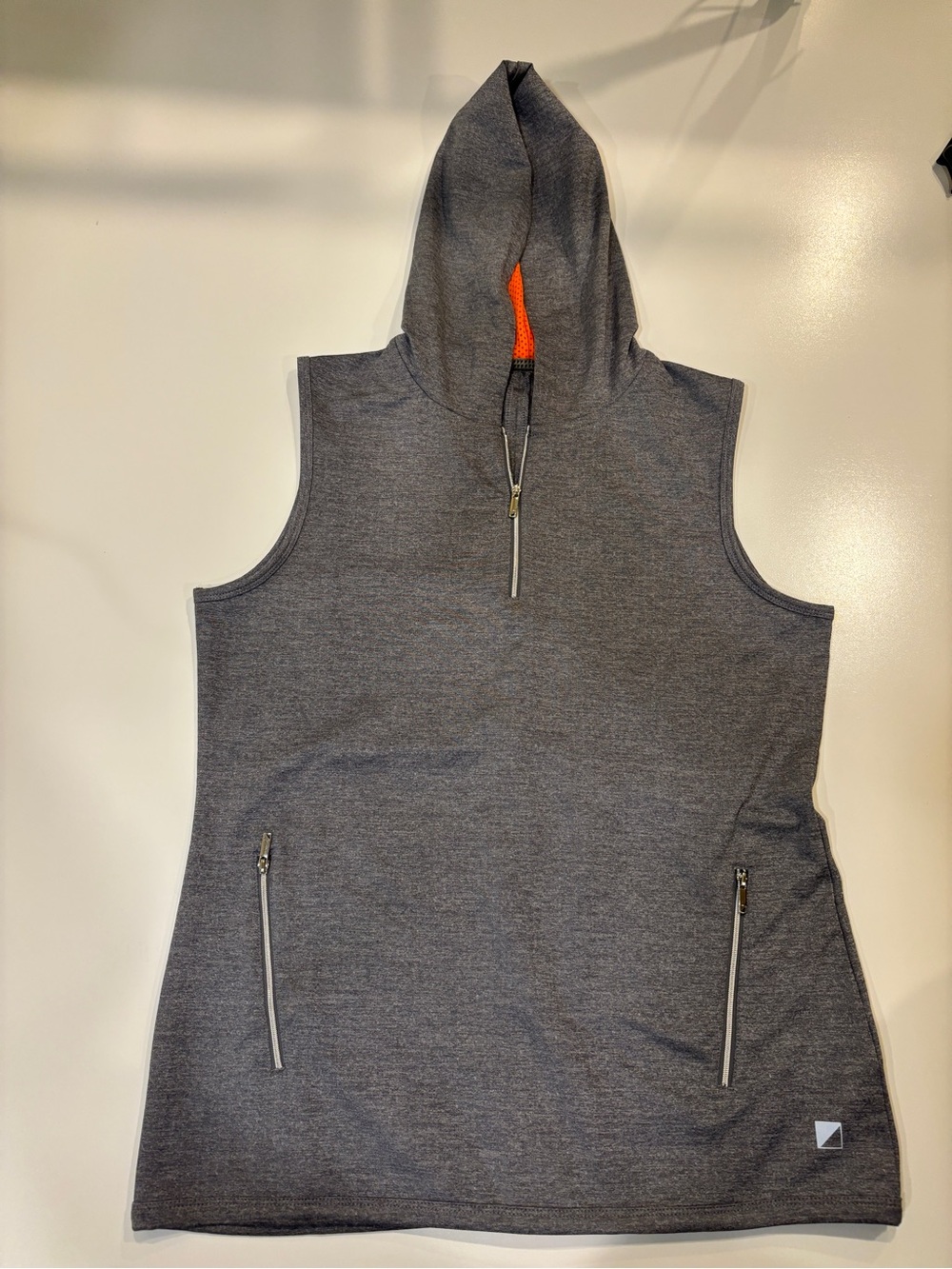 Sleeveless Gray Hooded Pullover with Orange Accent Zip Pockets Pickleball Tennis